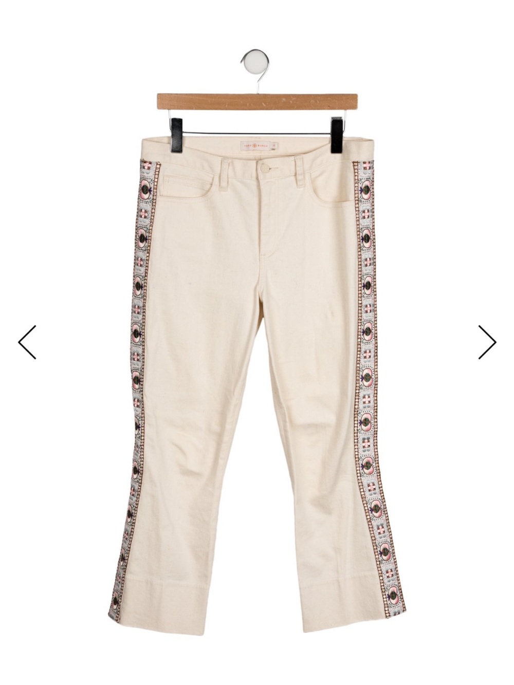 Tory Burch Cream Midrise Cropped Jeans with Embroidered Trim